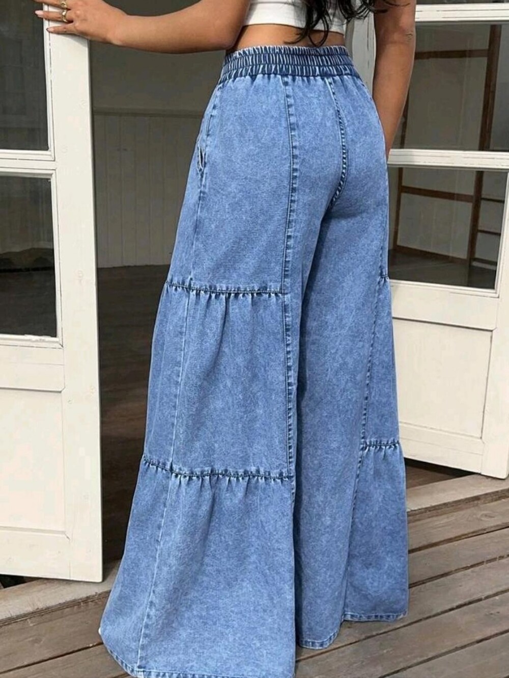 Wide Leg Tiered Jeans - Light Blue